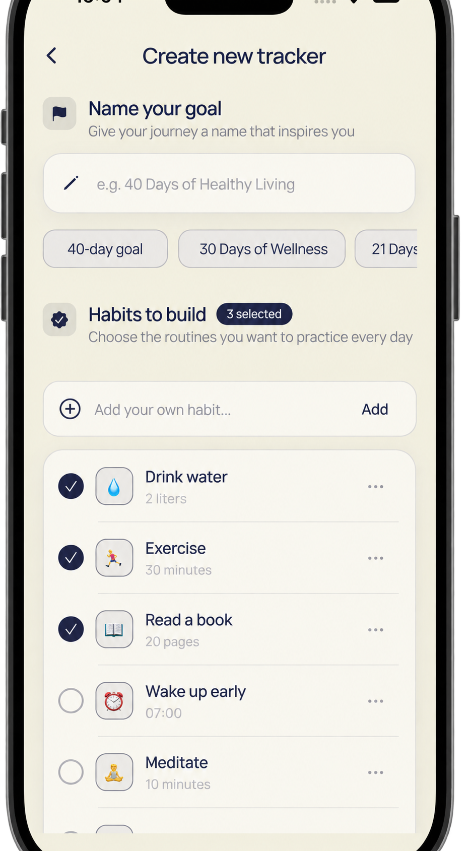 Create a tracker with preset and custom habits in English
