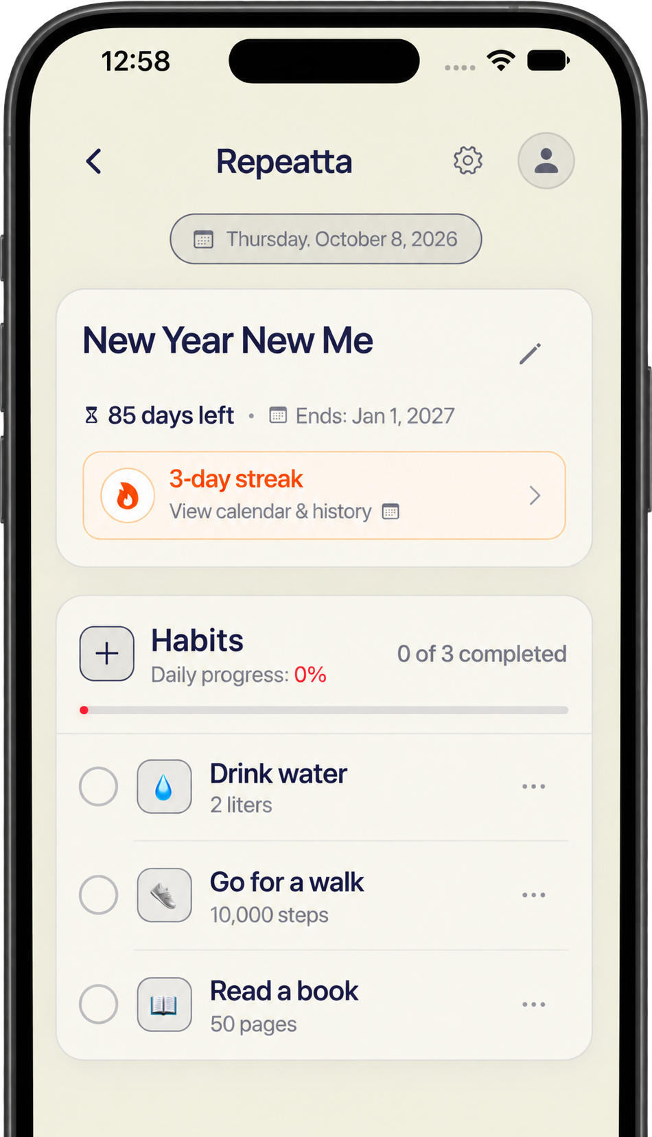 Repeatta daily tracker in English, with drinking water, walking and reading habits