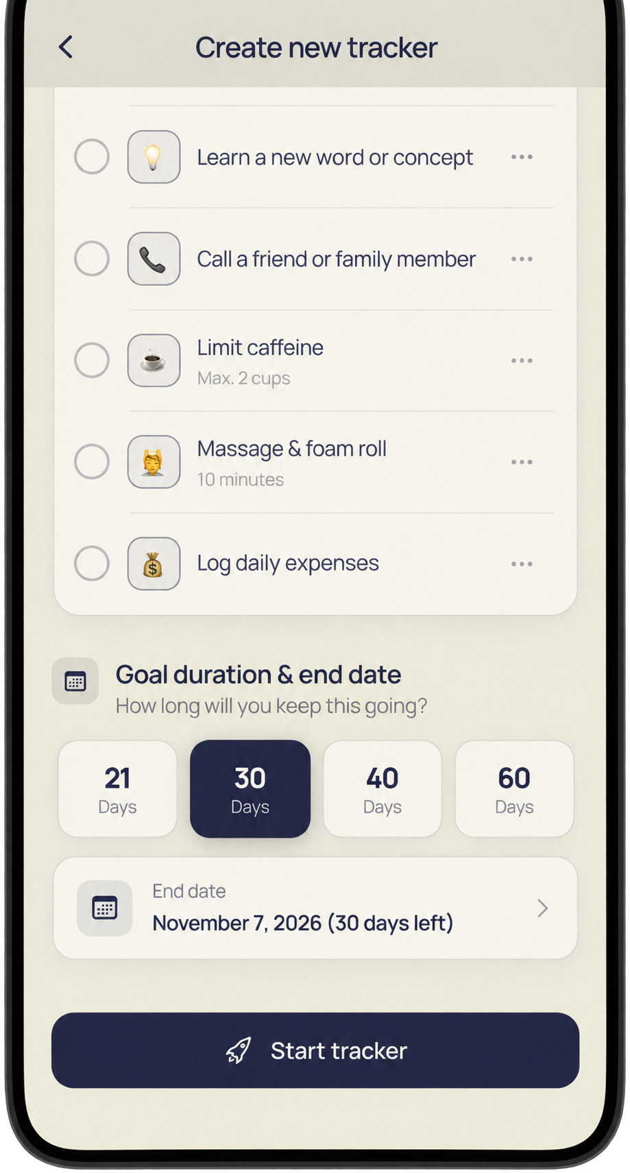 English tracker duration selection with 21, 30, 40, and 60 day options