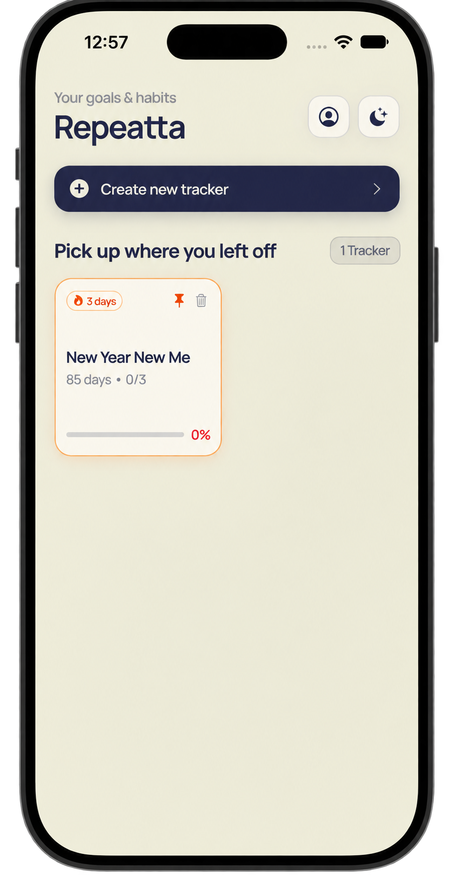 English Repeatta home screen with a personal tracker