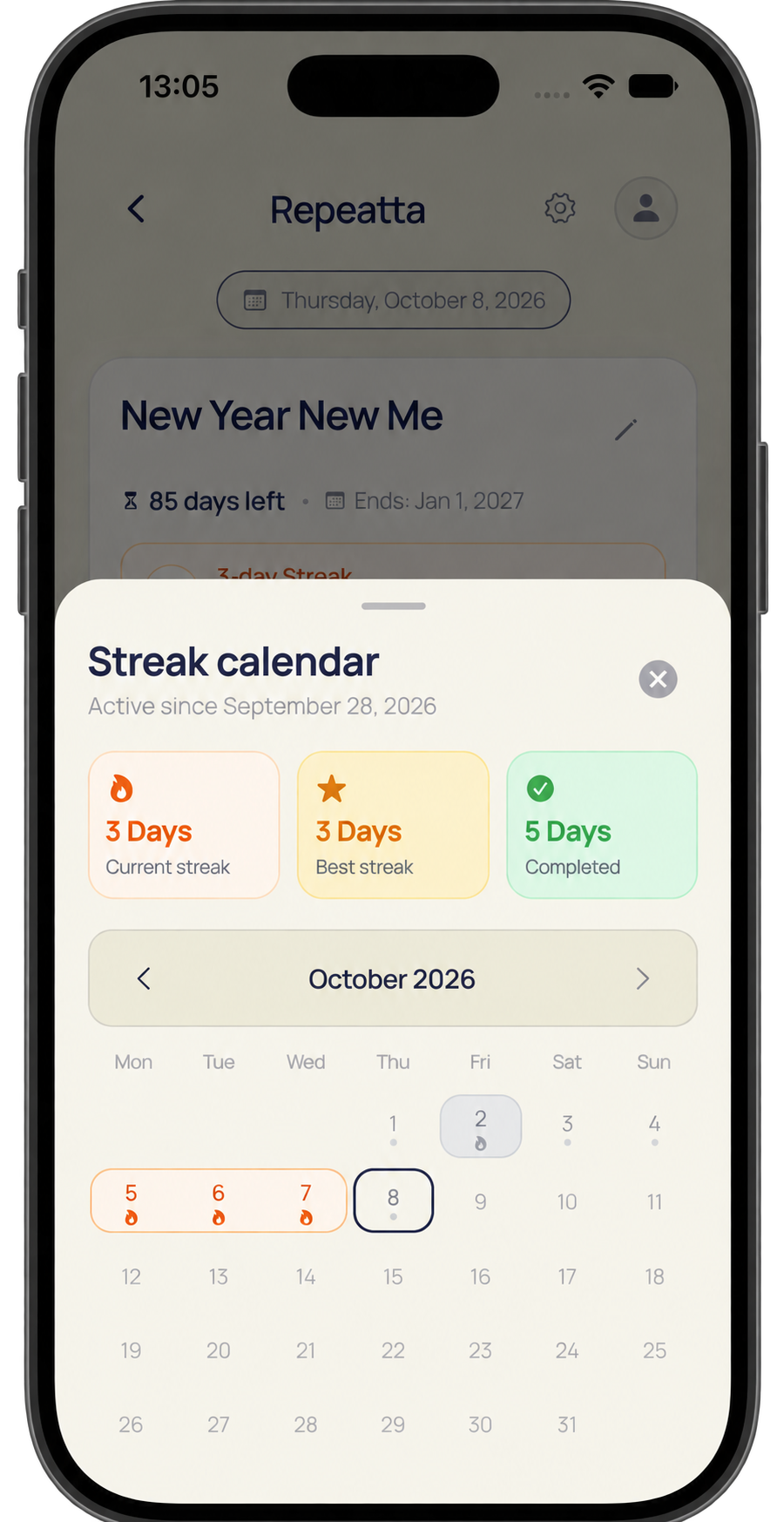 English streak calendar with current streak, best streak and completed days